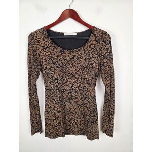 Peruvian Connection Long Sleeve Scoop Neck Floral Print Top Womens XS Black Gold